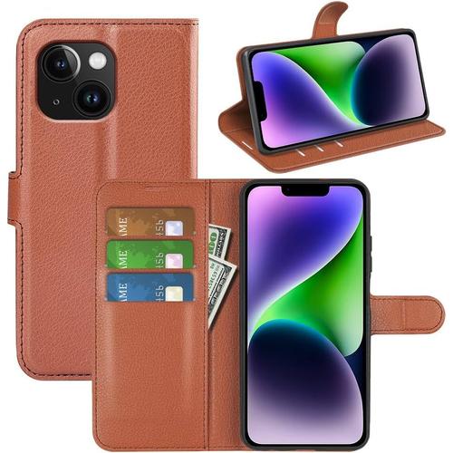 Étui En Cuir Pour Iphone 15 Plus Avec Protection Antichoc, Porte-Cartes, Béquille Et Boucle Magnétique - Marron.