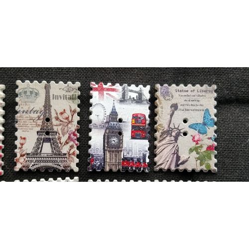 Lot De 10 Boutons Cartes Postales Vintage En Bois Peint