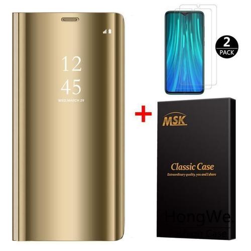 Hongwe.® Coque Xiaomi Redmi Note 8 Pro + [2 Pack] Verre Trempé, Miroir Case Avec Stand Flip Protection Pour Xiaomi Redmi Note 8 Pro - Or