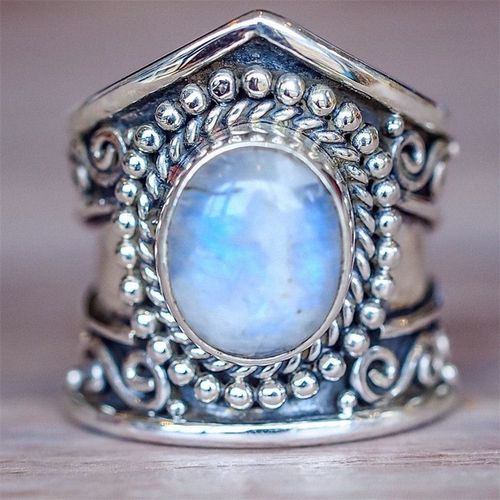 Bagues Rétro Punk Vintage Tibétain En Argent Et Pierre De Lune, Bijoux De Forme Ovale Pour Femmes Et Filles, Cadeau De Mariage, Jz188