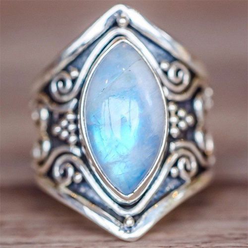 Bague En Pierre De Lune Incrustée De Style Vintage Pour Femmes Et Filles, Anneau Tendance Ovale Ouvert, Cadeau De Fête D'anniversaire De Personnalité Féminine, Jz033