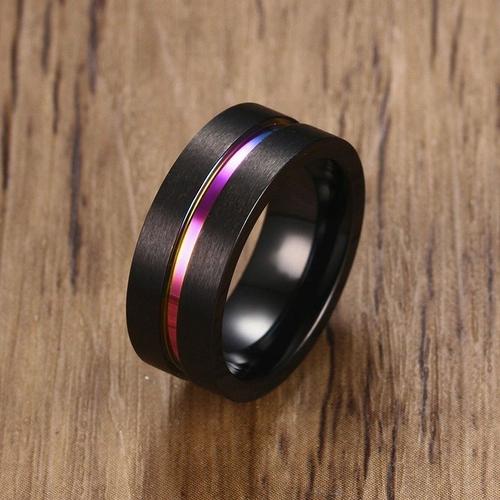 Vnox 6/8mm Bague Noire Pour Hommes Femmes Rainure Arc-En-Ciel En Acier Inoxydable, Bandes De Mariage, Bagues Frères À La Mode, Bijoux Masculins Décontractés