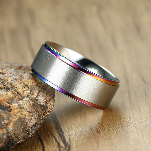 Vnox 6/8mm Bague Noire Pour Hommes Femmes Rainure Arc-En-Ciel En Acier Inoxydable, Bandes De Mariage, Bagues Frères À La Mode, Bijoux Masculins Décontractés