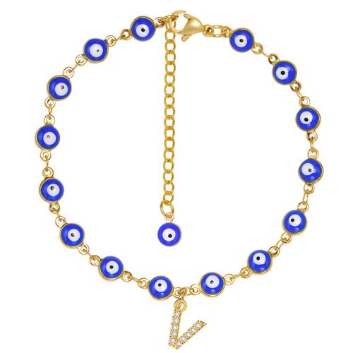 Vnox ¿ Bracelet De Cheville Initial Pour Femmes, Avec Perles D'oeil Bleu Maléfique, Chaîne En Acier Inoxydable De Couleur Or, A-Z Lettres, Bijoux D'été