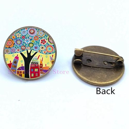 Broche De Peinture À L'huile Maison Colorée Et Arbre En Verre, Broches De Cabochon De Dessin Animé, Mignonnes Et Abstraites, Cadeaux Pour Femmes
