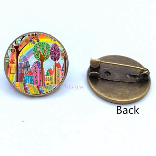 Broche De Peinture À L'huile Maison Colorée Et Arbre En Verre, Broches De Cabochon De Dessin Animé, Mignonnes Et Abstraites, Cadeaux Pour Femmes