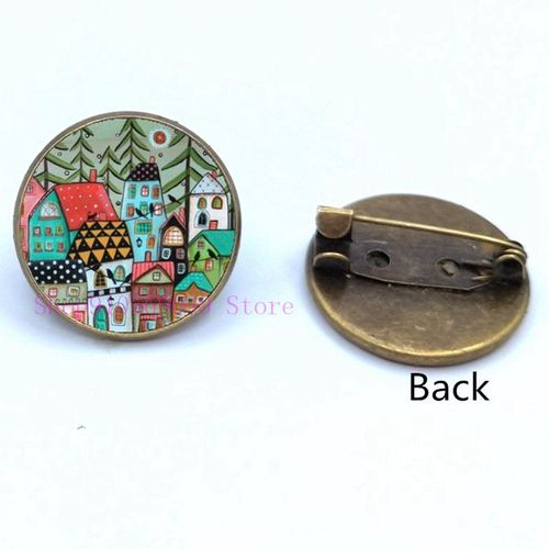 Broche De Peinture À L'huile Maison Colorée Et Arbre En Verre, Broches De Cabochon De Dessin Animé, Mignonnes Et Abstraites, Cadeaux Pour Femmes