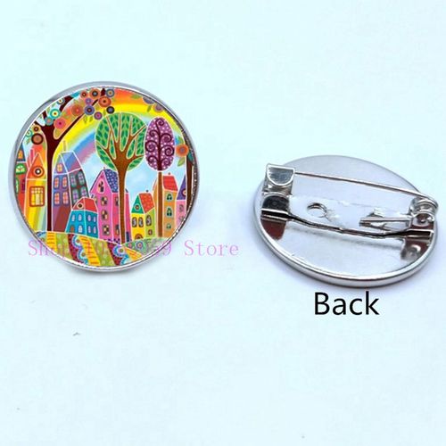 Broche De Peinture À L'huile Maison Colorée Et Arbre En Verre, Broches De Cabochon De Dessin Animé, Mignonnes Et Abstraites, Cadeaux Pour Femmes