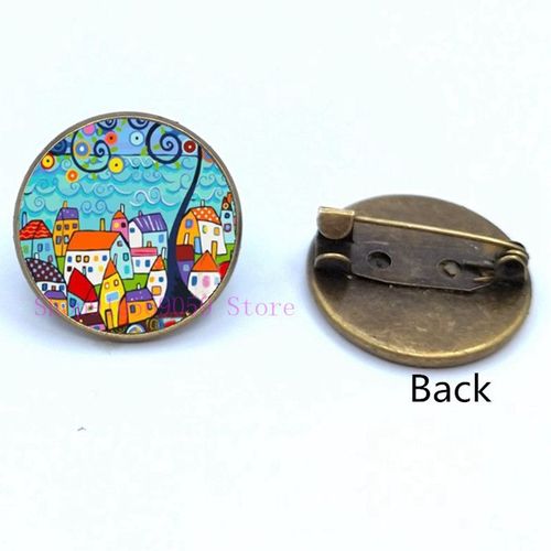 Broche De Peinture À L'huile Maison Colorée Et Arbre En Verre, Broches De Cabochon De Dessin Animé, Mignonnes Et Abstraites, Cadeaux Pour Femmes