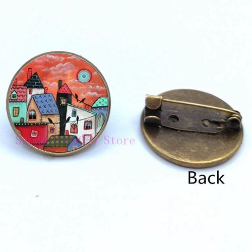 Broche De Peinture À L'huile Maison Colorée Et Arbre En Verre, Broches De Cabochon De Dessin Animé, Mignonnes Et Abstraites, Cadeaux Pour Femmes
