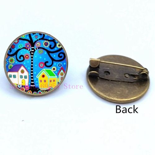 Broche De Peinture À L'huile Maison Colorée Et Arbre En Verre, Broches De Cabochon De Dessin Animé, Mignonnes Et Abstraites, Cadeaux Pour Femmes