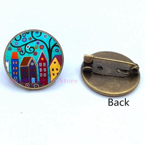 Broche De Peinture À L'huile Maison Colorée Et Arbre En Verre, Broches De Cabochon De Dessin Animé, Mignonnes Et Abstraites, Cadeaux Pour Femmes