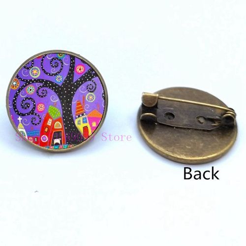 Broche De Peinture À L'huile Maison Colorée Et Arbre En Verre, Broches De Cabochon De Dessin Animé, Mignonnes Et Abstraites, Cadeaux Pour Femmes