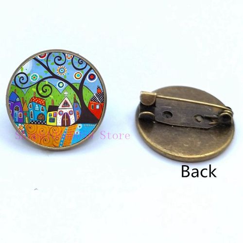 Broche De Peinture À L'huile Maison Colorée Et Arbre En Verre, Broches De Cabochon De Dessin Animé, Mignonnes Et Abstraites, Cadeaux Pour Femmes