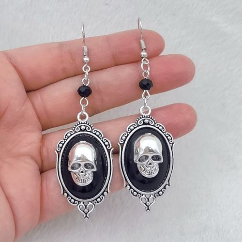 Boucles D'oreilles Pendantes Tête De Mort Vintage Pour Femmes, Breloques Tête De Mort 3d, Boucles D'oreilles Camée Tête De Mort, Plaqué Argent Gothique Victorien