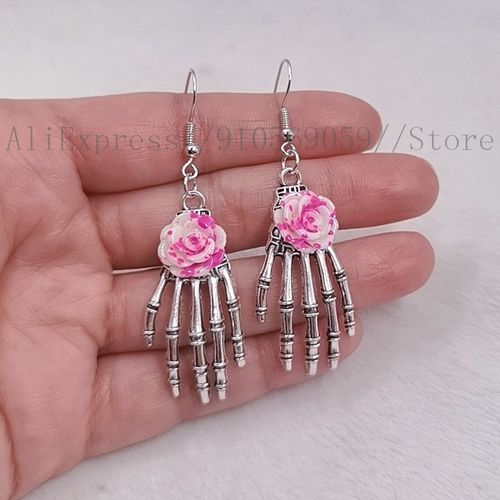 Boucles D'oreilles Vintage En Forme De Tête De Mort, Motif Main Rose, En Résine, Motif Squelette, Pendentif, Design Unique
