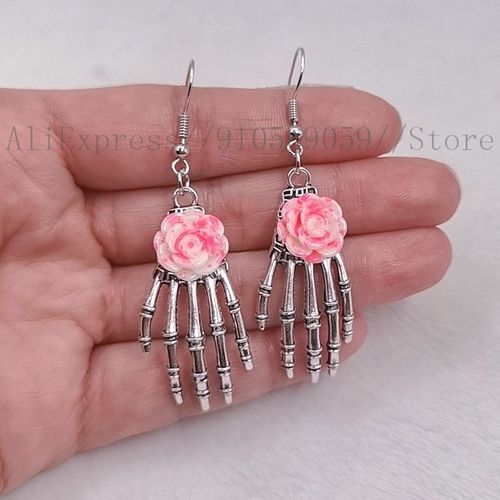 Boucles D'oreilles Vintage En Forme De Tête De Mort, Motif Main Rose, En Résine, Motif Squelette, Pendentif, Design Unique