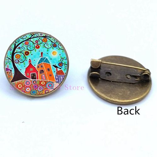 Broche De Peinture À L'huile Maison Colorée Et Arbre En Verre, Broches De Cabochon De Dessin Animé, Mignonnes Et Abstraites, Cadeaux Pour Femmes