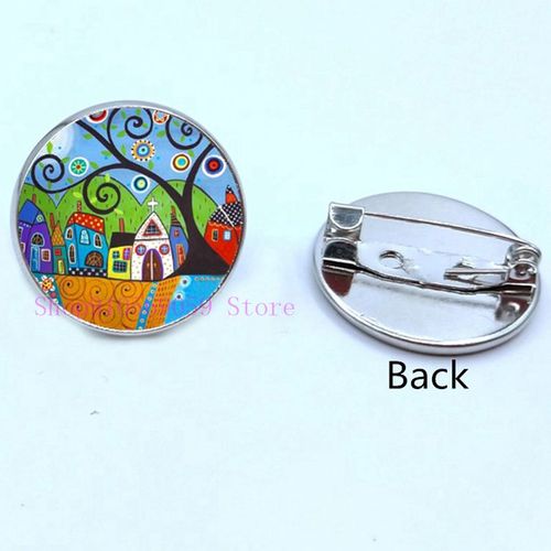 Broche De Peinture À L'huile Maison Colorée Et Arbre En Verre, Broches De Cabochon De Dessin Animé, Mignonnes Et Abstraites, Cadeaux Pour Femmes