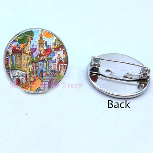 Broche De Peinture À L'huile Maison Colorée Et Arbre En Verre, Broches De Cabochon De Dessin Animé, Mignonnes Et Abstraites, Cadeaux Pour Femmes