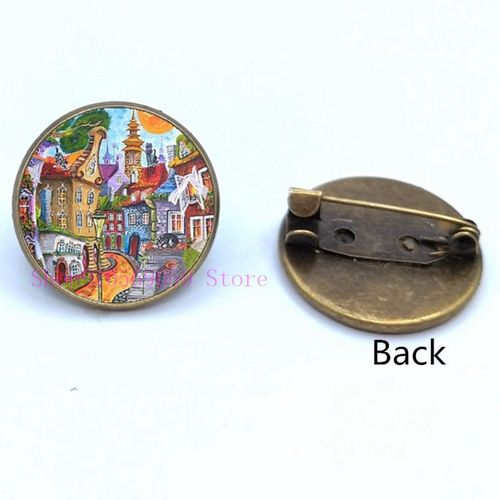 Broche De Peinture À L'huile Maison Colorée Et Arbre En Verre, Broches De Cabochon De Dessin Animé, Mignonnes Et Abstraites, Cadeaux Pour Femmes
