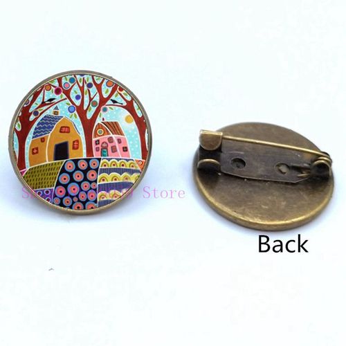 Broche De Peinture À L'huile Maison Colorée Et Arbre En Verre, Broches De Cabochon De Dessin Animé, Mignonnes Et Abstraites, Cadeaux Pour Femmes
