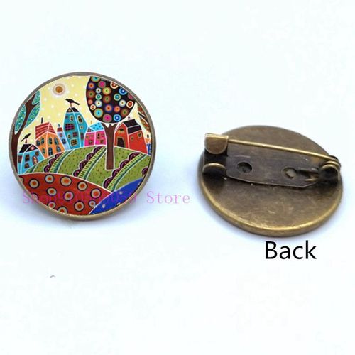 Broche De Peinture À L'huile Maison Colorée Et Arbre En Verre, Broches De Cabochon De Dessin Animé, Mignonnes Et Abstraites, Cadeaux Pour Femmes