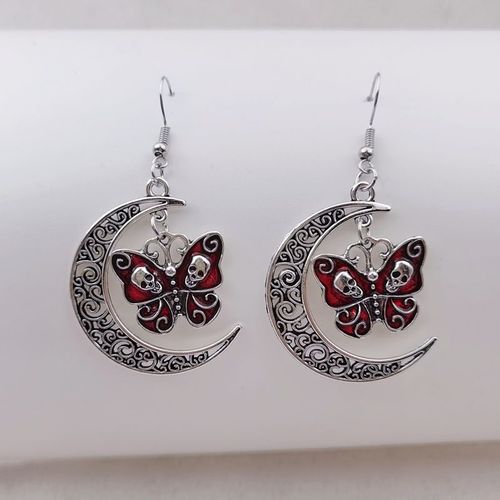 Boucles D'oreilles Gothiques En Obsidienne Pour Femmes, Boucles D'oreilles Papillon Crâne, Boucles D'oreilles Papillon Lune Évidées, Cadeau Bijoux