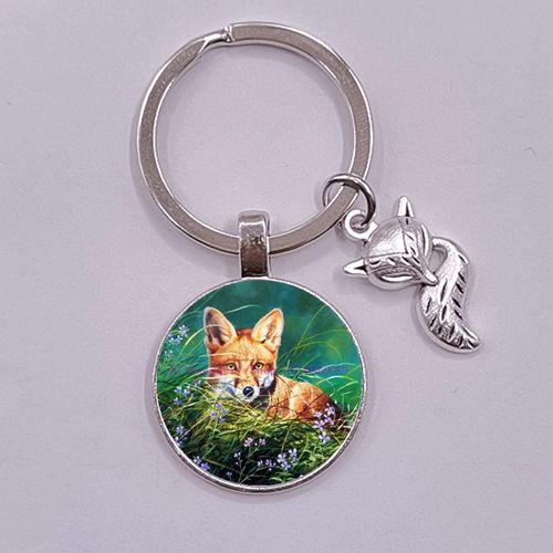Porte-Clés En Métal Avec Image De Renard Et Fleur, Cabochon En Verre, Pendentif Animal, Bricolage, Cadeaux De Noël Pour Filles
