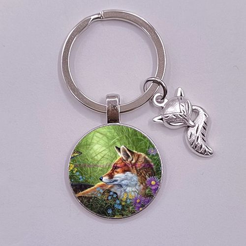 Porte-Clés En Métal Avec Image De Renard Et Fleur, Cabochon En Verre, Pendentif Animal, Bricolage, Cadeaux De Noël Pour Filles