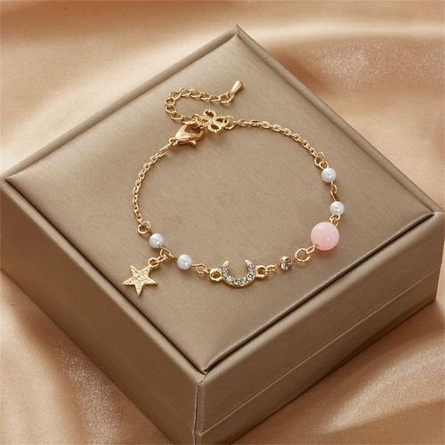 Bracelet Coréen Élégant En Forme D'étoile Et De Lune Pour Femmes Et Filles, Mode Boule Rose, Imitation Perle, Nouveau Créateur De Bijoux, Cadeaux De Fête