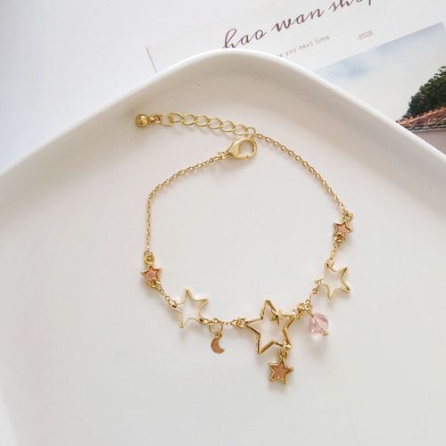 Bracelet Coréen Élégant En Forme D'étoile Et De Lune Pour Femmes Et Filles, Mode Boule Rose, Imitation Perle, Nouveau Créateur De Bijoux, Cadeaux De Fête