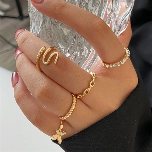 5 Pièces/10 Pièces, Ensemble De Bagues En Imitation De Feuille De Perle, Fleur, Strass, Papillon, Doigt, Métal, Jointure, Doigt, Bijoux