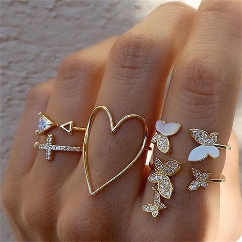 5 Pièces/10 Pièces, Ensemble De Bagues En Imitation De Feuille De Perle, Fleur, Strass, Papillon, Doigt, Métal, Jointure, Doigt, Bijoux