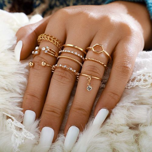 5 Pièces/10 Pièces, Ensemble De Bagues En Imitation De Feuille De Perle, Fleur, Strass, Papillon, Doigt, Métal, Jointure, Doigt, Bijoux