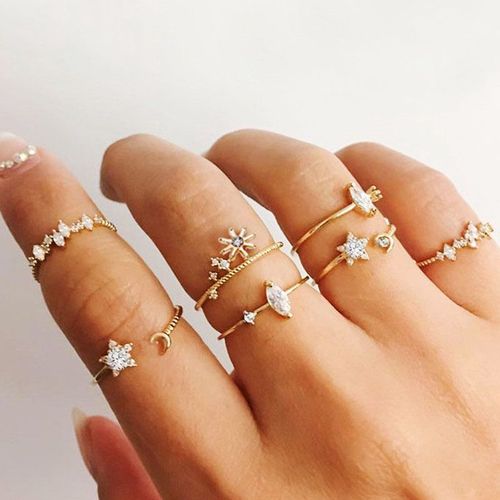 5 Pièces/10 Pièces, Ensemble De Bagues En Imitation De Feuille De Perle, Fleur, Strass, Papillon, Doigt, Métal, Jointure, Doigt, Bijoux