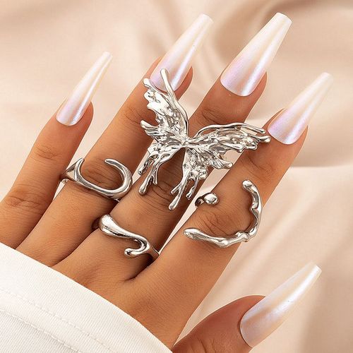 5 Pièces/10 Pièces, Ensemble De Bagues En Imitation De Feuille De Perle, Fleur, Strass, Papillon, Doigt, Métal, Jointure, Doigt, Bijoux
