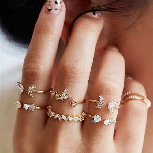 5 Pièces/10 Pièces, Ensemble De Bagues En Imitation De Feuille De Perle, Fleur, Strass, Papillon, Doigt, Métal, Jointure, Doigt, Bijoux