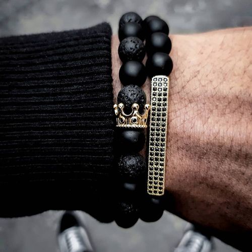 Bracelet En Pierre Naturelle Conviviale Rée Noire Vintage Pour Hommes, Ensemble De Bracelets De Tête, Dés De Boule De Biscuits Sur La Couronne, Mode, Parler, Vente En Gros