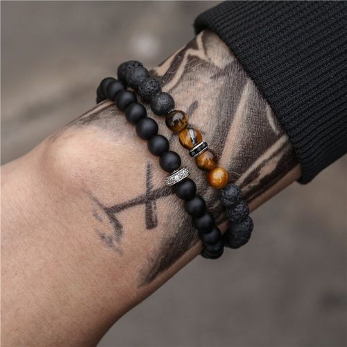 Bracelet En Pierre Naturelle Conviviale Rée Noire Vintage Pour Hommes, Ensemble De Bracelets De Tête, Dés De Boule De Biscuits Sur La Couronne, Mode, Parler, Vente En Gros