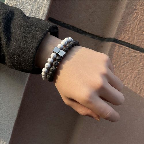 Bracelet En Pierre Naturelle Conviviale Rée Noire Vintage Pour Hommes, Ensemble De Bracelets De Tête, Dés De Boule De Biscuits Sur La Couronne, Mode, Parler, Vente En Gros