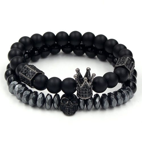 Bracelet En Pierre Naturelle Conviviale Rée Noire Vintage Pour Hommes, Ensemble De Bracelets De Tête, Dés De Boule De Biscuits Sur La Couronne, Mode, Parler, Vente En Gros