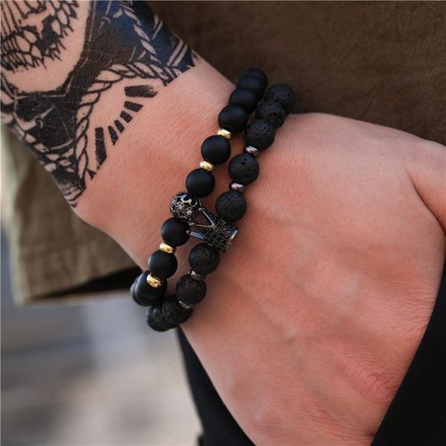 Bracelet En Pierre Naturelle Conviviale Rée Noire Vintage Pour Hommes, Ensemble De Bracelets De Tête, Dés De Boule De Biscuits Sur La Couronne, Mode, Parler, Vente En Gros