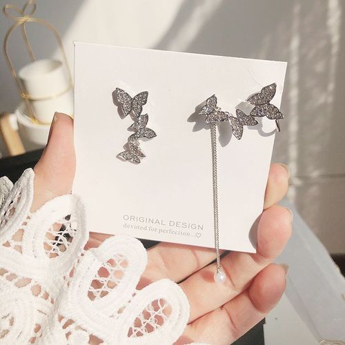 Boucles D'oreilles Papillon En Cristal Asymétrique Pour Femmes, Strass Brillant, Longue Chaîne, Piercing, Bijoux De Fête, Cadeau, Nouvelle Tendance