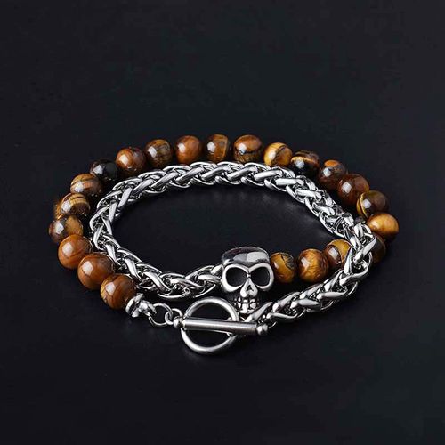 Bracelet Tête De Mort En Pierre De Lave D'agate D'oeil De Tigre Naturel De Style Punk Pour Hommes, Double Couche, Acier Inoxydable, Bijoux Grunge