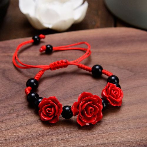 Bracelet En Rose Sculptée Pour Femmes, À La Mode, Artisanat, Laque, Cinabre, Fleur De Rose Rouge, Corde Réglable, Bracelet Perlé