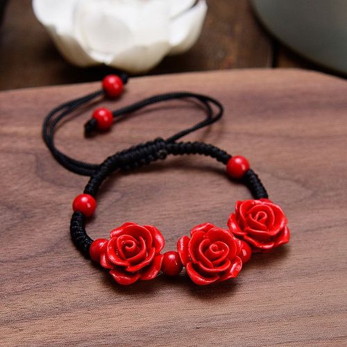 Bracelet En Rose Sculptée Pour Femmes, À La Mode, Artisanat, Laque, Cinabre, Fleur De Rose Rouge, Corde Réglable, Bracelet Perlé