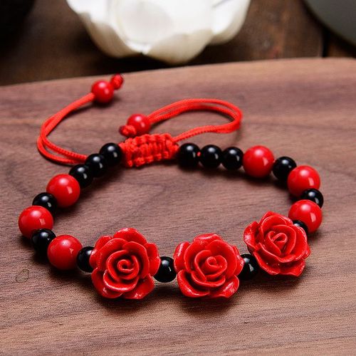 Bracelet En Rose Sculptée Pour Femmes, À La Mode, Artisanat, Laque, Cinabre, Fleur De Rose Rouge, Corde Réglable, Bracelet Perlé
