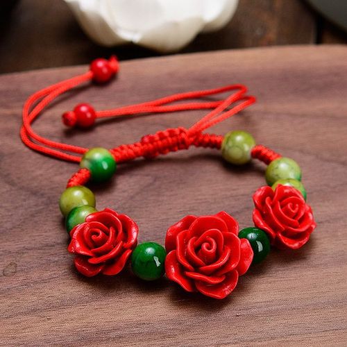 Bracelet En Rose Sculptée Pour Femmes, À La Mode, Artisanat, Laque, Cinabre, Fleur De Rose Rouge, Corde Réglable, Bracelet Perlé