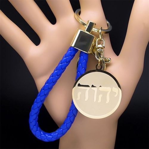 Te147 Ramdonon Yahweh Porte-Clés Pendentif En Acier Inoxydable Hébreu Pour Femmes Et Hommes, Porte-Clés En Ulpu Bleue, Bijoux De Guérison, Document Doré